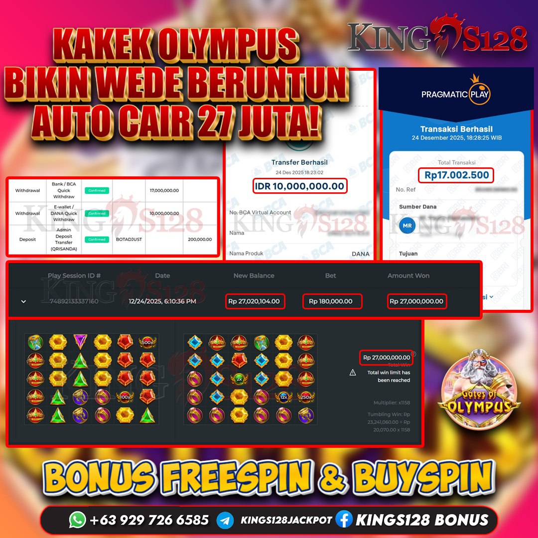 KINGS128 JACKPOT SLOT GATES OF OLYMPUS RP 27.000.000 ID : MUS***